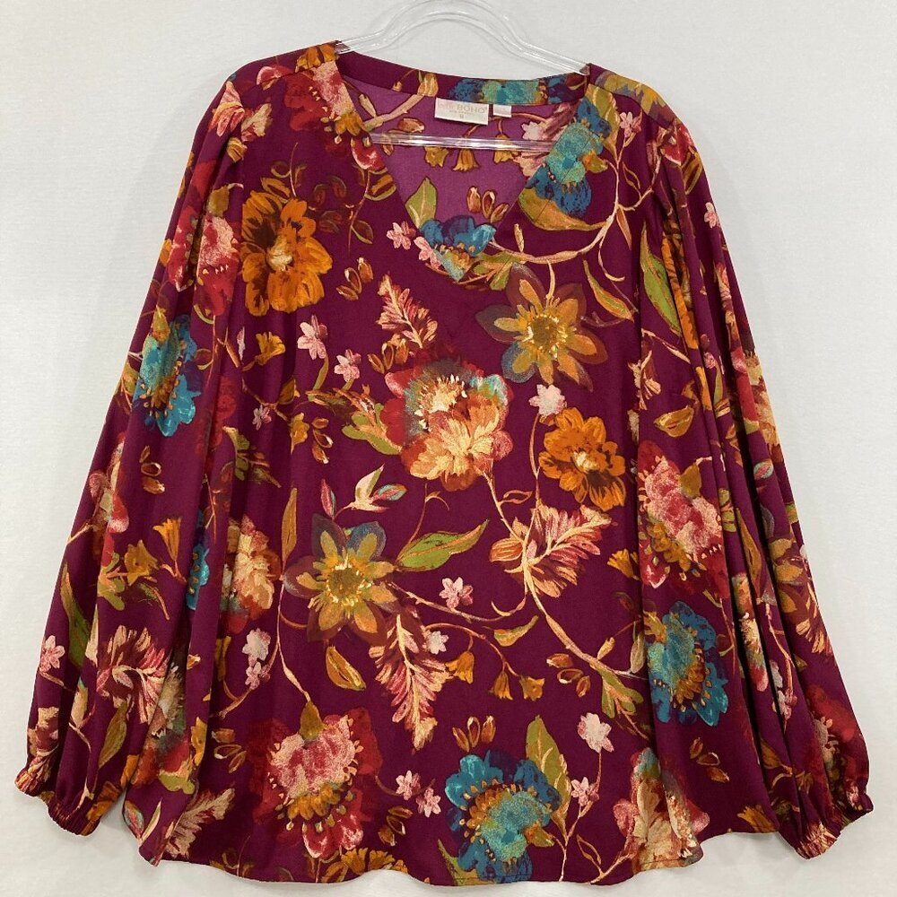 Belle Kim Gravel size 2X V Neck‎ Burgundy Floral Multi Feminine Elegant Blouse